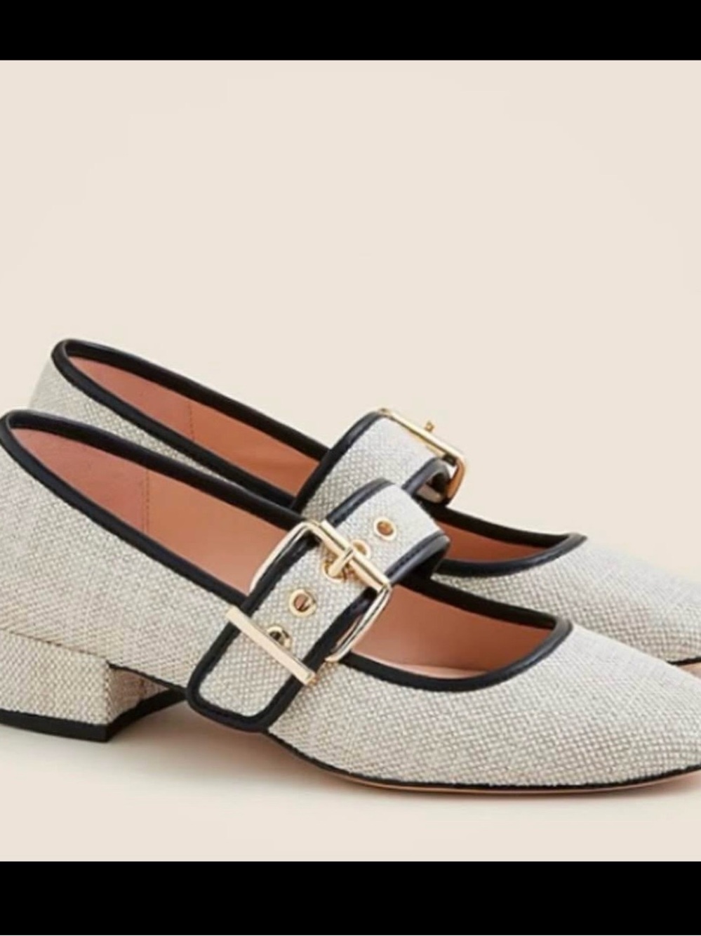 J. Crew Cream Textured Mary Jane Pumps with Black Trim and Gold Buckle
